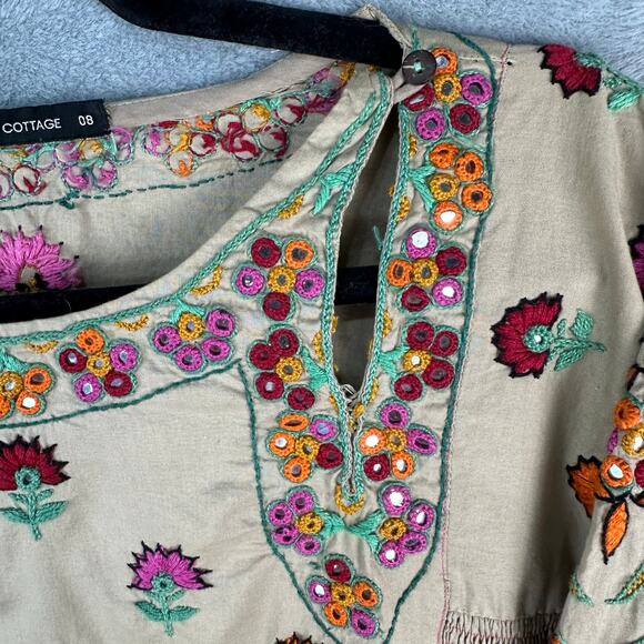 Generation Cottage Tunic Top Womens 8 Tan Embroidered Floral Smocked Modest Boho - Picture 6 of 16